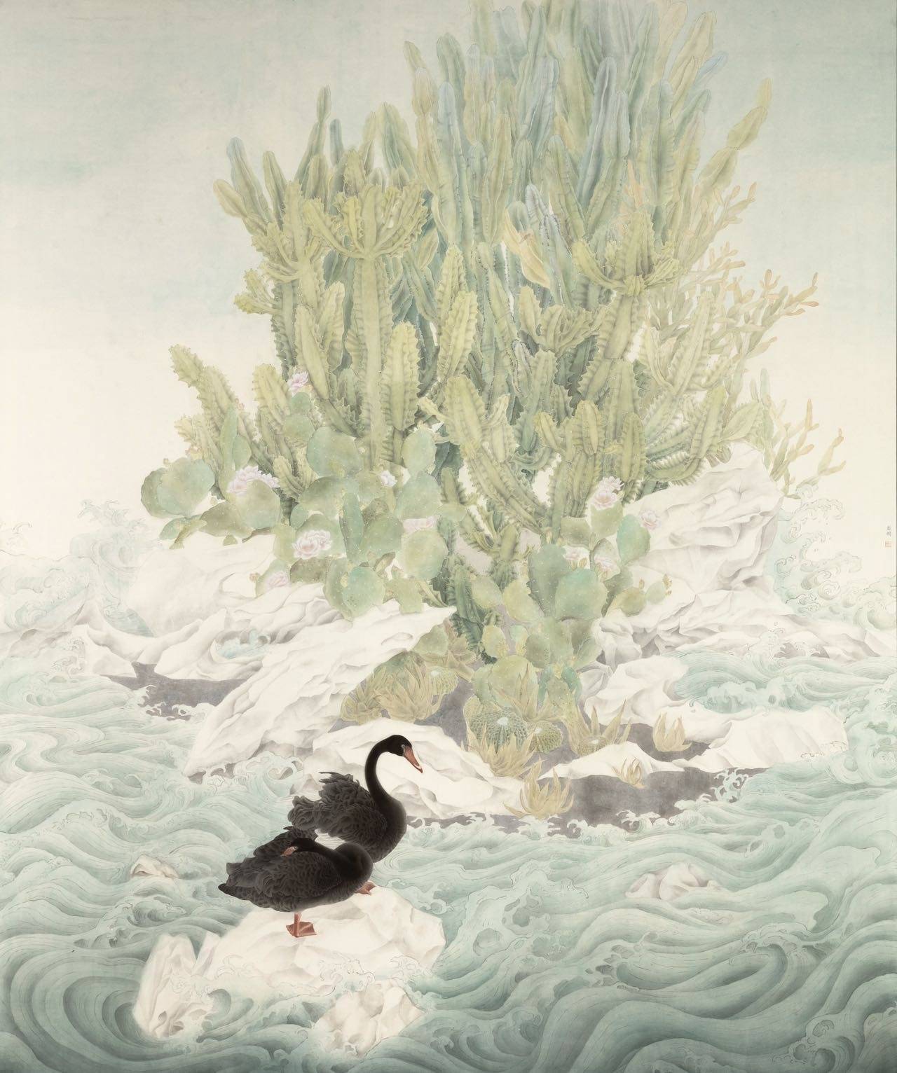 《有黑天鹅与仙人掌的场景》